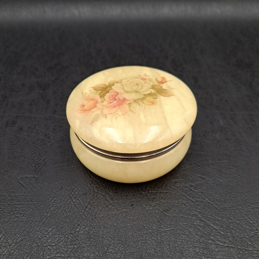 Vintage Alabaster Trinket Box Round Hinged Floral Rose‎ Decal Cream Stone Italy